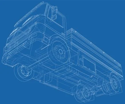 Vector Wire-frame isolated Flatbed truck on background. Vector rendering of 3d Stock Illustration