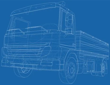 Vector Wire-frame isolated Flatbed truck on background. Vector rendering of 3d Illustrazione stock