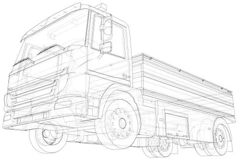 Vector Wire-frame isolated Flatbed truck on background. Vector rendering of 3d Stock Illustration