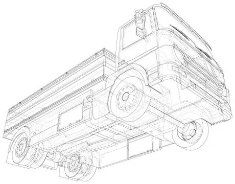 Vector Wire-frame isolated Flatbed truck on background. Vector rendering of 3d Stock Illustration