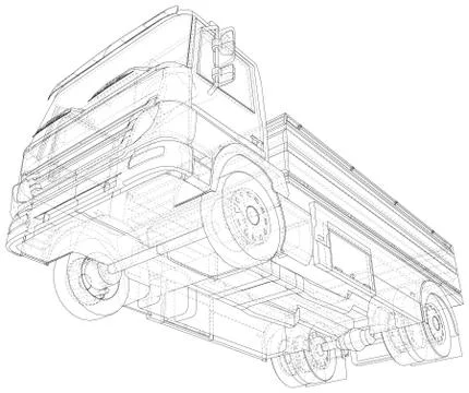 Vector Wire-frame isolated Flatbed truck on background. Vector rendering of 3d Stock Illustration