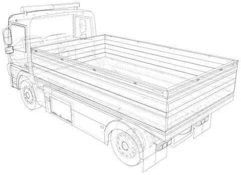 Vector Wire-frame isolated Flatbed truck on background. Vector rendering of 3d Stock Illustration