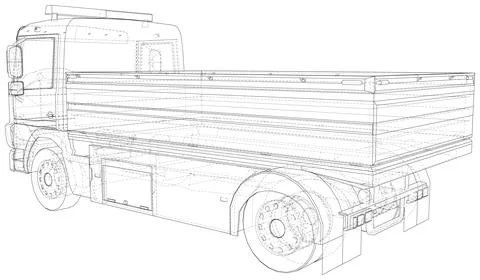 Vector Wire-frame isolated Flatbed truck on background. Vector rendering of 3d Stock Illustration