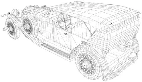Vector Wire-frame isolated Retro car on background. Vector rendering of 3d Stock Illustration