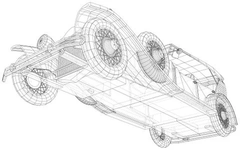 Vector Wire-frame isolated Retro car on background. Vector rendering of 3d Stock Illustration