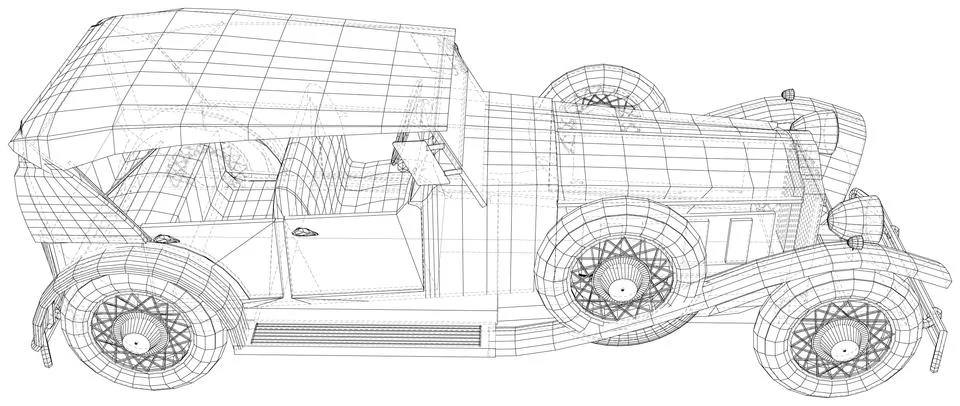 Vector Wire-frame isolated Retro car on background. Vector rendering of 3d Stock Illustration