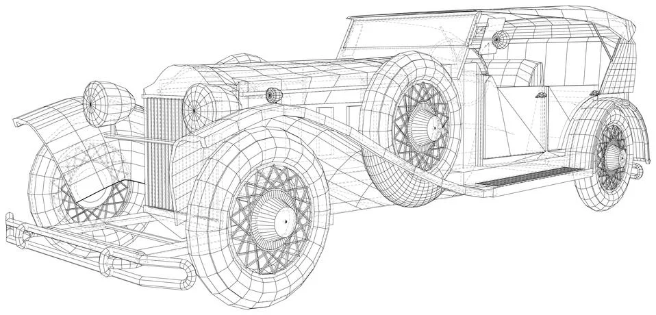 Vector Wire-frame isolated Retro car on background. Vector rendering of 3d Stock Illustration