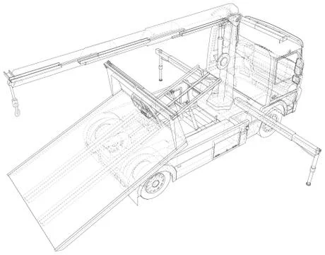 Vector Wire-frame isolated tow truck on background. Vector rendering of 3d Stock Illustration