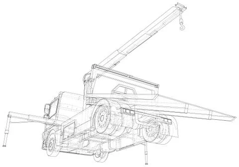 Vector Wire-frame isolated tow truck on background. Vector rendering of 3d Stock Illustration