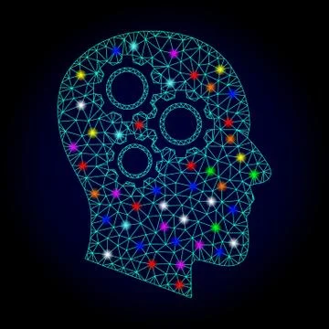 Vector Wire Frame Mesh Brain Gears with Light Spots for Chistmas Stock Illustration