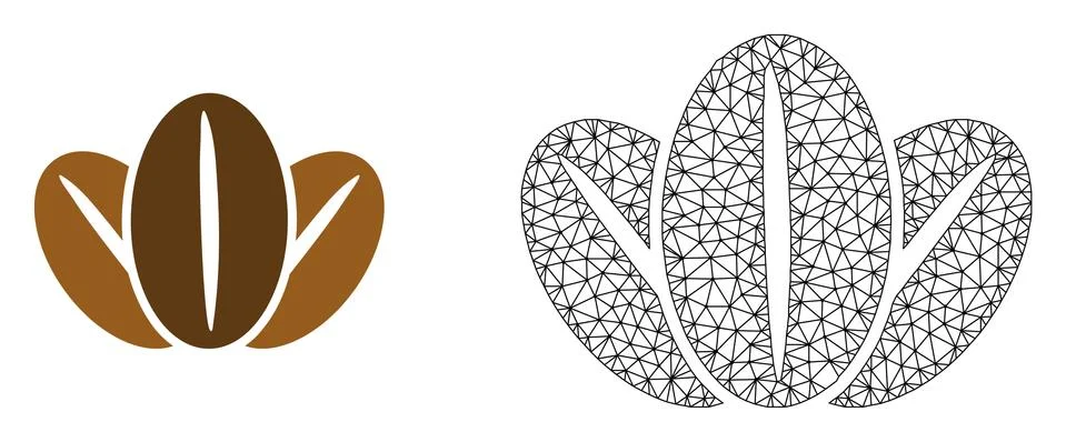 Vector Wire Frame Mesh Coffee Beans and Flat Icon Stock Illustration