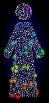 Vector Wire Frame Mesh Happy Woman with Spectrum Colored Glowing Spots 스톡 일러스트