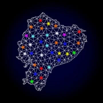 Vector Wire Frame Mesh Map of Ecuador with Glowing Spots for New Year Stock Illustration