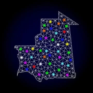 Vector Wire Frame Mesh Map of Mauritania with Glare Spots for Christmas Stock Illustration