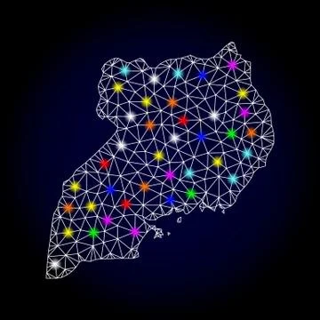 Vector Wire Frame Mesh Map of Uganda with Glare Spots for New Year Stock Illustration