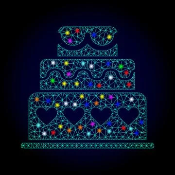 Vector Wire Frame Mesh Marriage Cake with Light Spots for New Year Stock Illustration