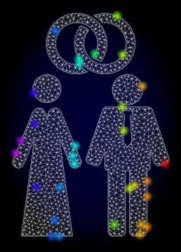 Vector Wire Frame Mesh Marriage Persons with Spectrum Colored Light Spots Stock Illustration