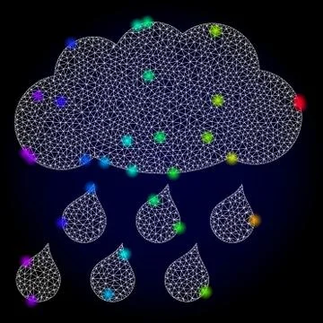 Vector Wire Frame Mesh Rain Cloud with Rainbow Colored Light Spots Stock Illustration