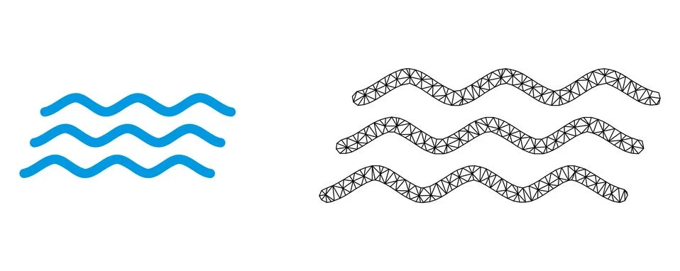 Vector Wire Frame Mesh Water Waves and Flat Icon 스톡 일러스트