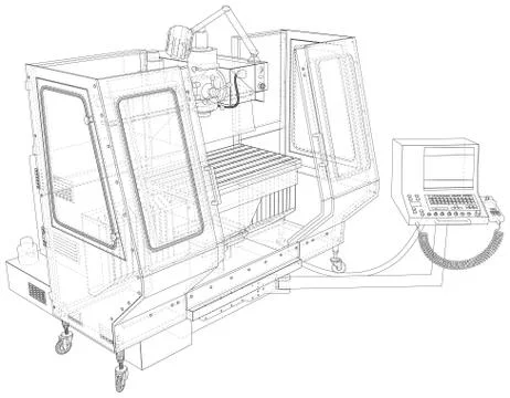 Vector Wire-frame Milling machine. The layers of visible and invisible lines are Illustrazione stock
