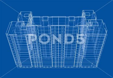 Vector wire-frame model of a multi-storey building Illustration #127694876