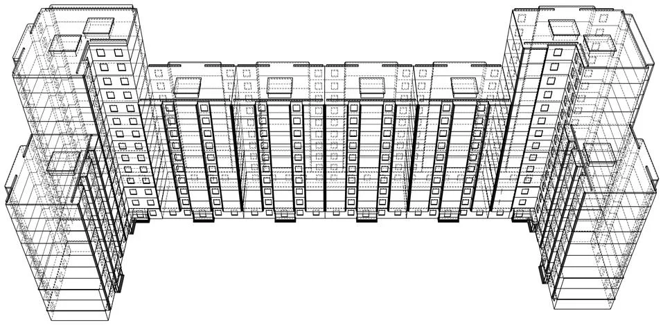 Vector wire-frame model of a multi-storey building Ilustración de archivo