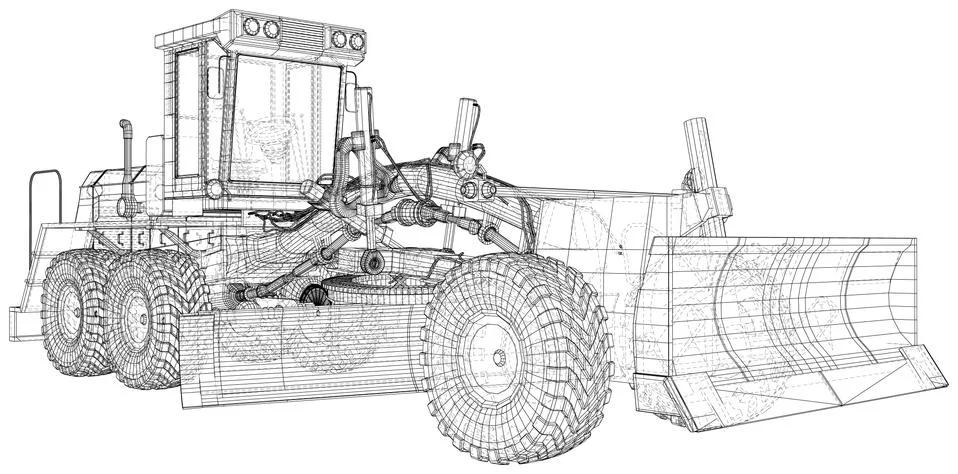 Vector Wire-frame Road grader. The layers of visible and invisible lines are Illustrazione stock