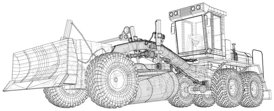 Vector Wire-frame Road grader. The layers of visible and invisible lines are Illustrazione stock