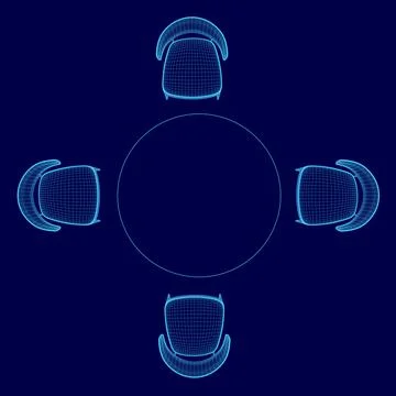 Vector wireframe flat style chairs and round table on blue background . Top view Stock Illustration