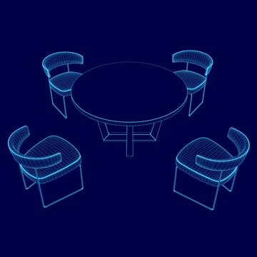 Vector wireframe flat style chairs and round table on blue background . Top view Stock Illustration