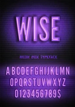 Vector wise night light box sign and narrow violet neon font with numbers on Stock Illustration