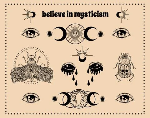 Vector witch and Magic Collection with: eyes, moon, sun, moth, scarab, skull. Illustrazione stock