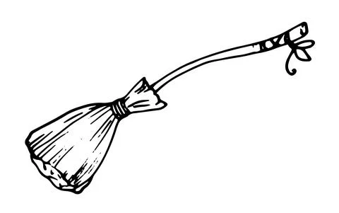 Vector witch broom with a ribbon on the handle. hand-drawn BROOM with a bow on Stock Illustration