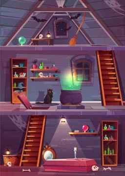 Vector witch house with cellar and attic. Stock Illustration