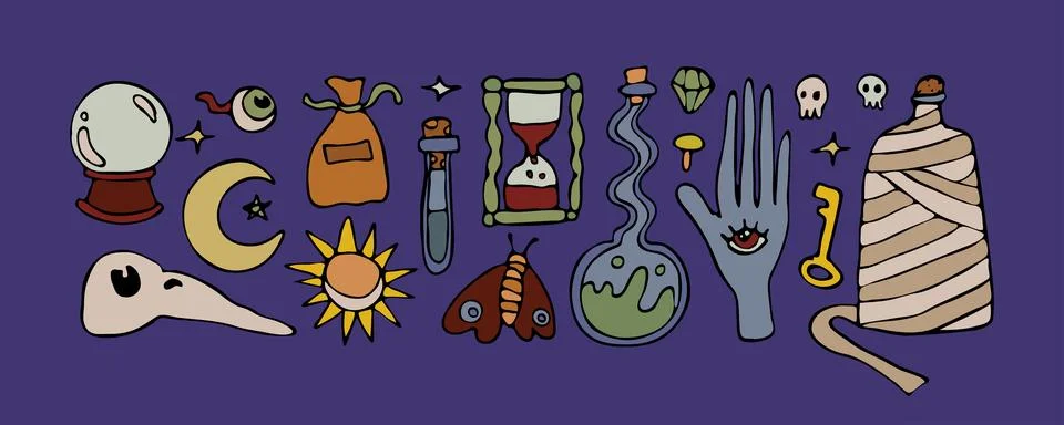 Vector witch isolated doodle set, magical outline potion collection, gothic Stock Illustration