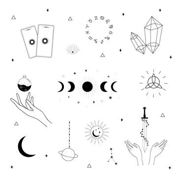 Vector witch magic design elements set. Hand drawn, doodle, sketch magician Illustrazione stock