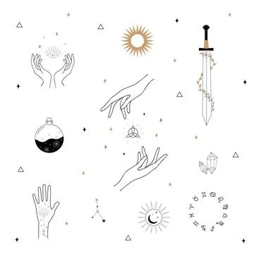 Vector witch magic design elements set. Hand drawn, doodle, sketch magician 스톡 일러스트