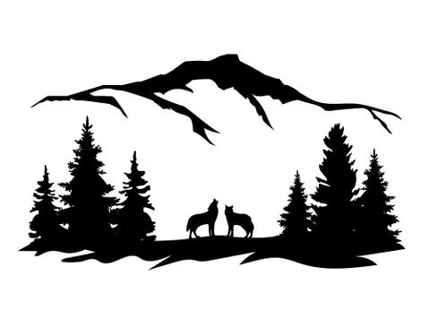 Vector wolves, mountains, forest Illustrazione stock