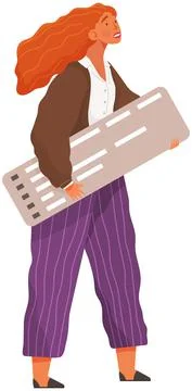 Vector woman in flat style icon. Person holds sheet of paper with information in Stock Illustration