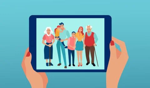 Vector of a woman holding tablet computer having video chat with happy smilin Stock Illustration