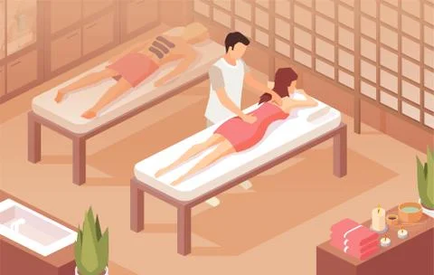 Vector of a woman lying on a table while therapist doing healing massage on a Illustrazione stock