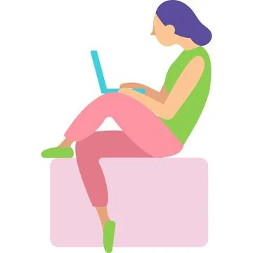 Vector woman sitting using laptop icon isolated Stock Illustration