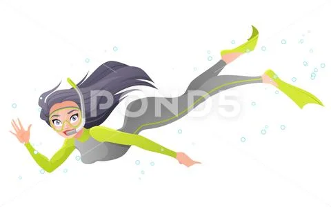 Vector woman in snorkel, wetsuit and flippers waving hand under water Stock Illustration