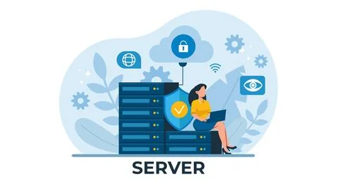 Vector of a woman using laptop computer and secure server connection 스톡 일러스트