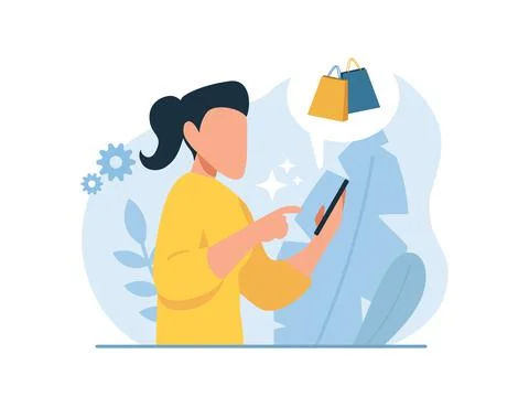 Vector of a woman using mobile app to shop online Illustrazione stock