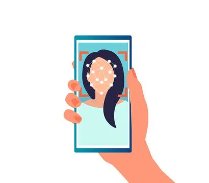 Vector of a woman using mobile phone with face recognition to gain access Stock Illustration