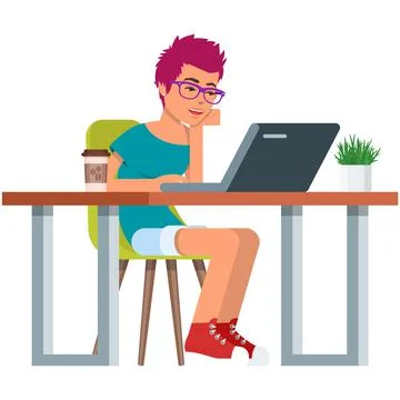 Vector woman working at computer laptop on table illustration 스톡 일러스트