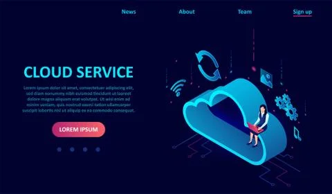 Vector of a woman working on laptop using cloud service Stock Illustration