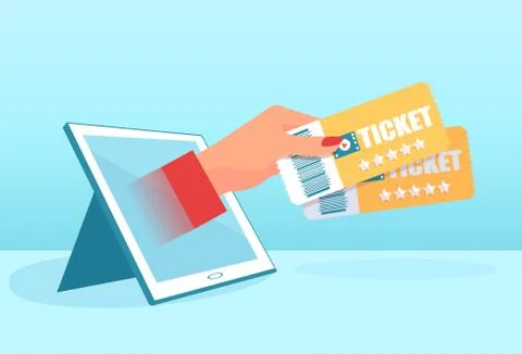 Vector of a womans hand with tickets coming from a tablet computer Stock Illustration