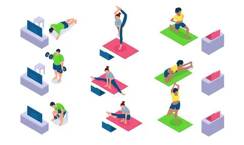 Vector of women and a man practicing yoga, exercising and lifting weights wit Stock Illustration